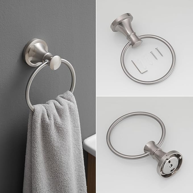 RUMOSE Toilet Paper Holder and Hand Towel Ring Brushed Nickel Wall Mount Bathroom Hardware Accessories 2 PCS Set Flexible Pivoting Toilet Tissue Roll Holder and Towel Hanger, Stainless Steel