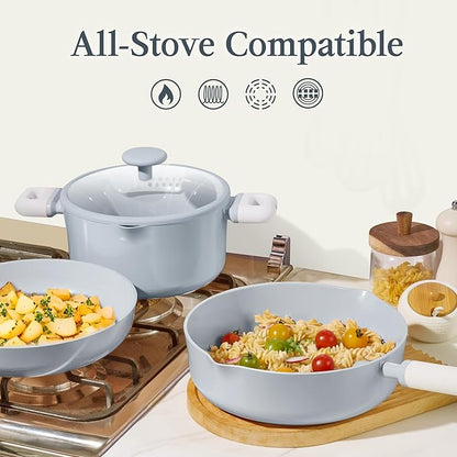 CAROTE Pots and Pans Set Nonstick, Ceramic Cookware Set, Blue Cooking Set Kitchen Induction Set with Steamer, PFAS PTFE Free,9 Piece - Image 5