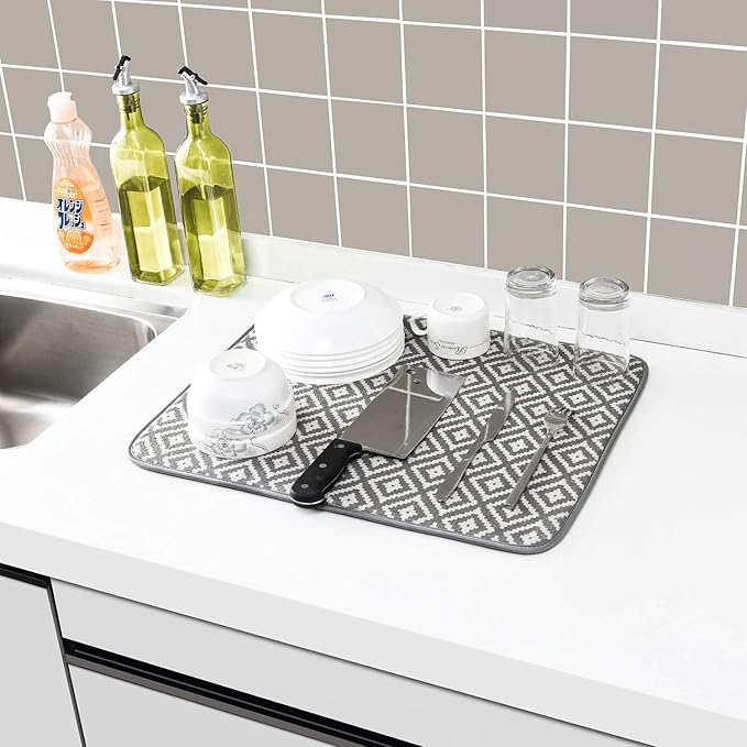 Dish Drying Mat for Kitchen 2 Pack, Ultra Absorbent Microfiber Dishes Drainer Mats by Subekyu,19.2 by 15.8 Inch(Rhombus) - Image 5