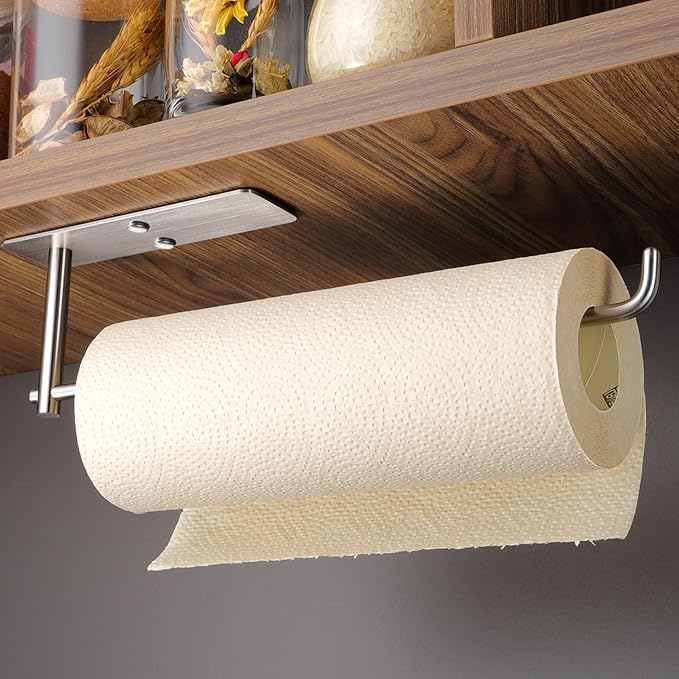 ZUNTO Paper Towel Holder Under Cabinet, Adhesive and Screwed Paper Towel Rack, 12.4 Inch Paper Towel Roll Holder for Kitchen, Bathroom, RV, Easy One-Handed Tear (Silver) by ZUNTO
