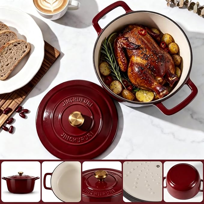 Enameled Cast Iron Dutch Oven - JINCHUFURI 5 Quart Cast Iron Dutch Oven Enameled Oven with Lid for Sourdough Bread Baking, Pre-Seasoned Pot Oven Safe - Image 2