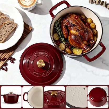 Enameled Cast Iron Dutch Oven - JINCHUFURI 5 Quart Cast Iron Dutch Oven Enameled Oven with Lid for Sourdough Bread Baking, Pre-Seasoned Pot Oven Safe - Image 2