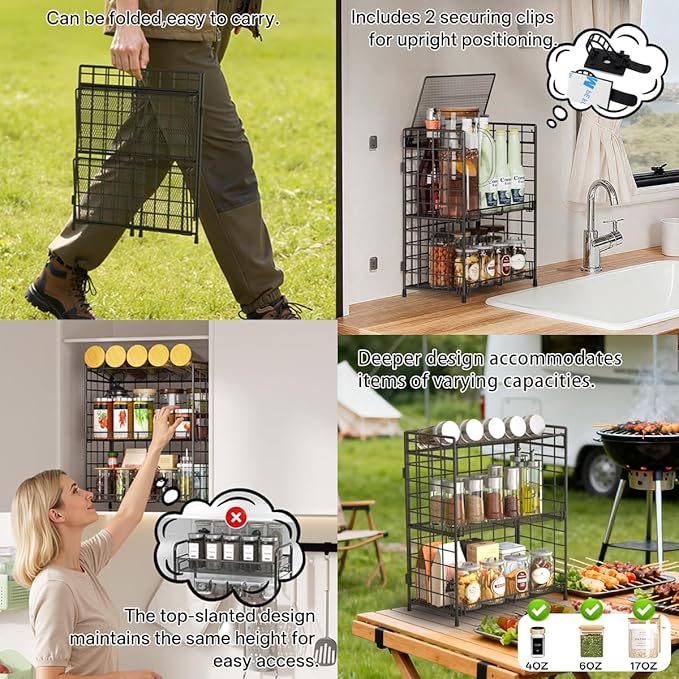 DTUQYX Spice Rack Organizer for Countertop, 3-Tier Large Capacity Foldable Metal Counter Seasoning Storage, Easy to assemble, Shelf with Guardrail and Mesh Design for Bathroom, Kitchen, Cabinet, RVs