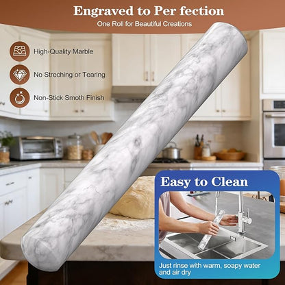 Marble Rolling Pin with Wooden Stand, FiiMan 12 Inch Heavy Rolling Pin for Dough, Stone French Polished Non-Stick Roller Pins For Baking Cookie Pizza Pastry (White)