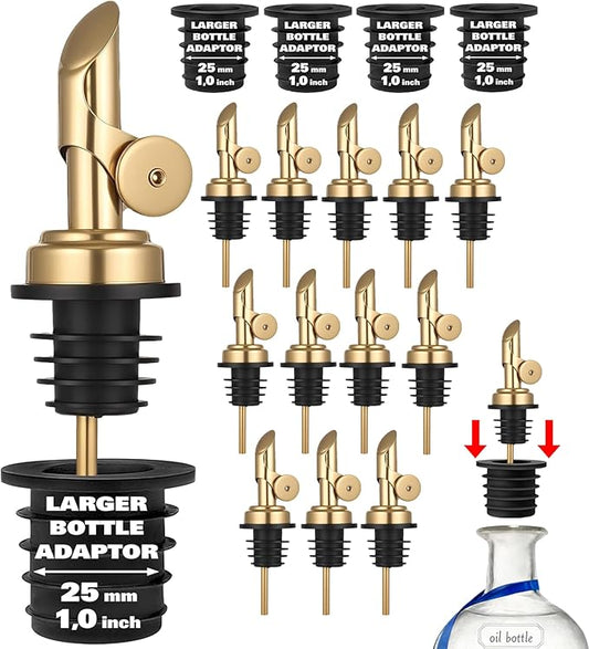 Olive Oil Pour Spout with Adapters, Oils Pourer for Olive Oil Dispenser Bottle, Easily Turn Your Bottles into Dispensers for Liquor,Oils,Bottle Pourers (Gold, 12 Pack Pour +Adapters)