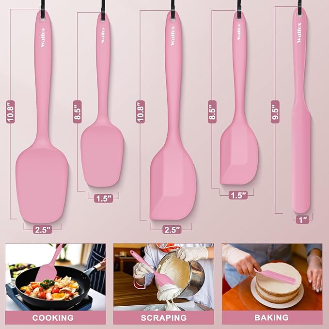 Walfos Silicone Spatula Set of 5 - (600°F) High Heat Resistant Kitchen Scraper Spatulas, One-Pieces Seamless Design, Perfect for Cooking Mixing & Baking - BPA Free and Dishwasher Safe（Pink） - Image 4