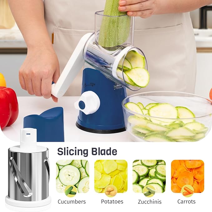 Cheese Grater Hand Crank, Rotary Cheese Shredder with 3 Interchangeable Blades for Coarse, Fine Shredding and Slicing, Strong Suction Base for Pizza, Pasta, Salad, Vegetables, Nuts, Chocolate - Image 3