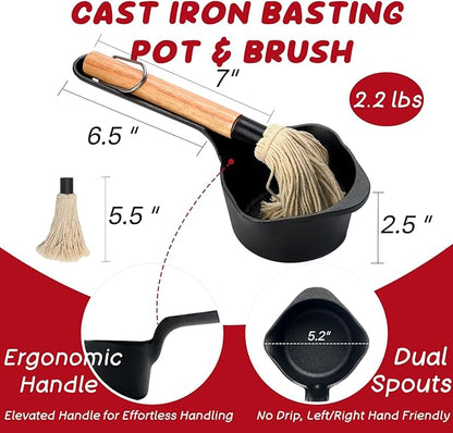 Cast Iron Sauce Pan and Basting Pot with BBQ Mop Brushes - Cast Iron Small Sauce Pots 2 Pcs for Grilling, Melting, Camping Cooking & Stoves - Mini Pot for Butter Melter