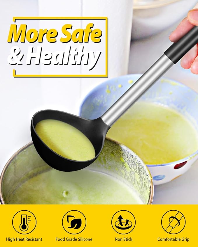 Pack of 2 Ladle Spoon,Silicone Large Spoon for Soup,Non Stick Kitchen Utensils with High Heat Resistant,BPA Free Perfect Kitchen Tools for Cooking, Stirring,Serving Soups (BLACK-KHAKI) - Image 4