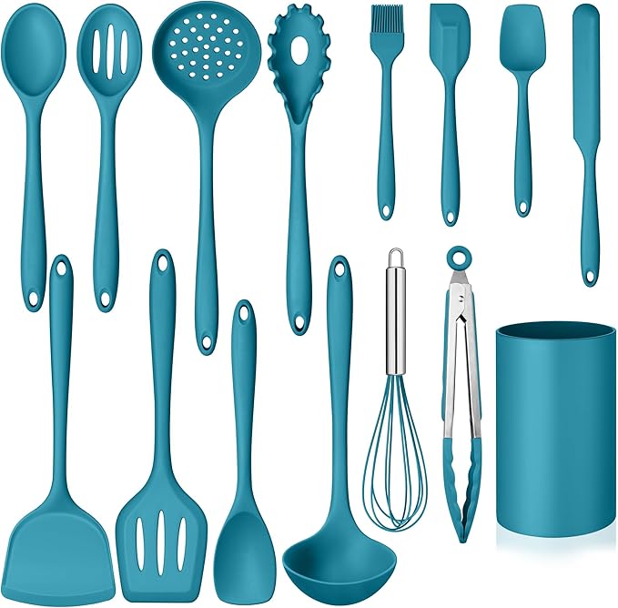 Homikit Silicone Cooking Utensils Set, 15-Piece Nonstick and Heat Resistant Kitchen Utensil Spatula Set with Holder, Kitchen Gadgets Home Essentials & Pots and Pans Accessories, Blue by Homikit