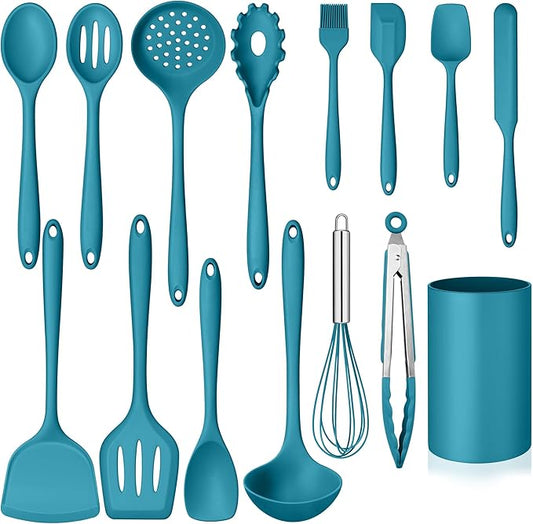 Homikit Silicone Cooking Utensils Set, 15-Piece Nonstick and Heat Resistant Kitchen Utensil Spatula Set with Holder, Kitchen Gadgets Home Essentials & Pots and Pans Accessories, Blue by Homikit