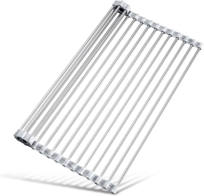 Tomorotec Stainless Steel Roll-Up Dish Drying Rack Marble Color Silicone Edges, Foldable Kitchen Rack Heat Resistant Trivet Supports up to 70 lbs, Food Safe for Dishes, Cookware & More by Tomorotec
