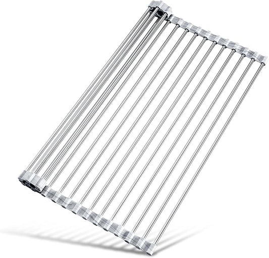 Tomorotec Stainless Steel Roll-Up Dish Drying Rack Marble Color Silicone Edges, Foldable Kitchen Rack Heat Resistant Trivet Supports up to 70 lbs, Food Safe for Dishes, Cookware & More by Tomorotec