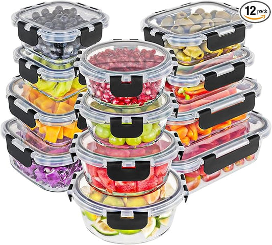Magic Mill Premium Borosilicate Glass Food Storage Containers with lids Set | 24pc Sets with 12 Bowls & 12 Airtight Locking Lids for Lunch & Meal Prep, Safe for Oven, Freezer, Dishwasher, BPA-Free by magicmill