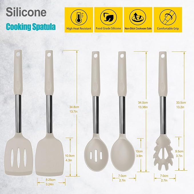 Silicone Spatula and Cooking Spoon,5 Pack Non-Stick Cooking Utensils for Kitchen，Heat Resistant Solid & Slotted Spoons and Spatulas, Stainless Steel Handle Coated with Silicone, Khaki - Image 2