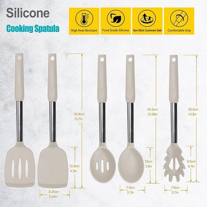 Silicone Spatula and Cooking Spoon,5 Pack Non-Stick Cooking Utensils for Kitchen，Heat Resistant Solid & Slotted Spoons and Spatulas, Stainless Steel Handle Coated with Silicone, Khaki - Image 2