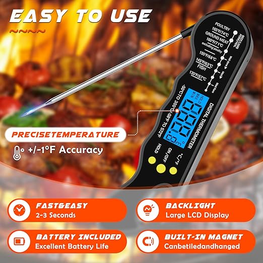 Instant Read Meat Thermometer, Fast and Accurate Digital Food Thermometer with Magnet, Backlight, Waterproof for Cooking, BBQ, Grilling, Baking, Smoker, Candy Making (Black) - Image 4