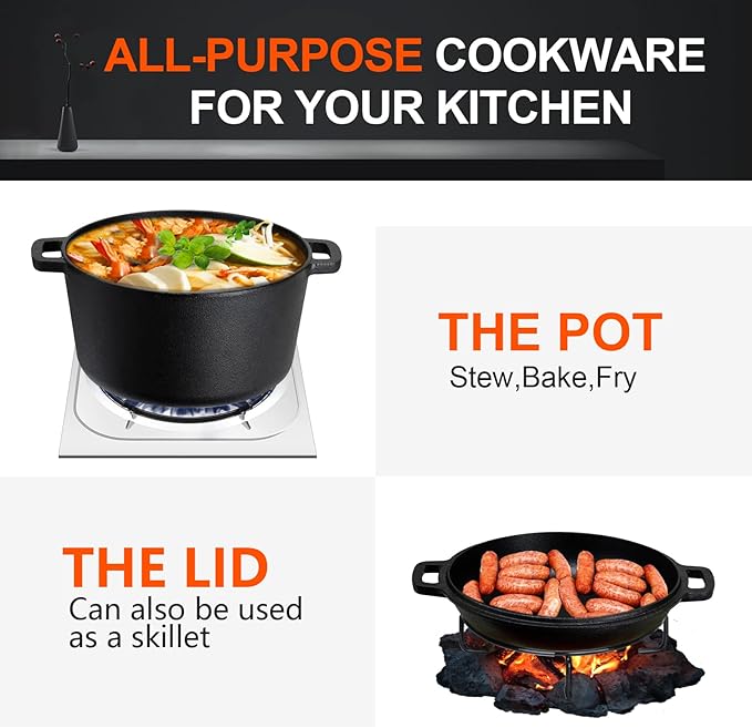Overmont 2-in-1 Cast Iron Dutch Oven - 5QT Pre-Seasoned All-in-One Casserole Braising Pan with Skillet Lid Cookbook & Silicone Handle Covers - Heavy Duty Oven-Safe Pot for Bread Baking Frying Camping - Image 6