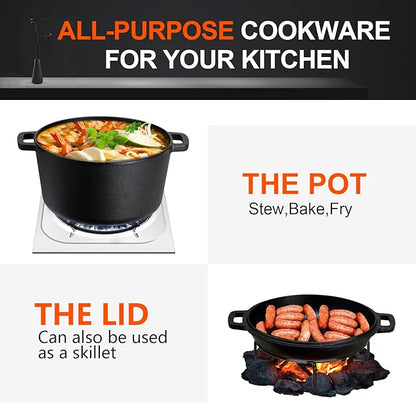 Overmont 2-in-1 Cast Iron Dutch Oven - 5QT Pre-Seasoned All-in-One Casserole Braising Pan with Skillet Lid Cookbook & Silicone Handle Covers - Heavy Duty Oven-Safe Pot for Bread Baking Frying Camping - Image 6