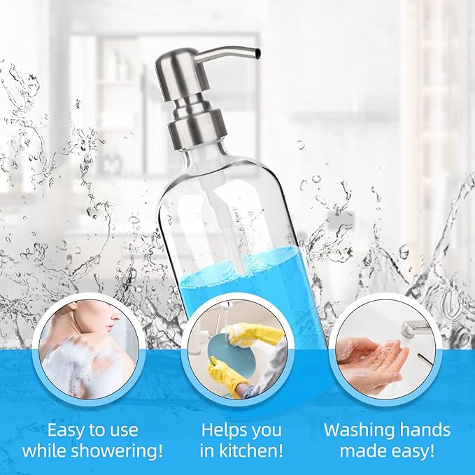 ARKTEK Glass Soap Dispenser - Clear Dish Soap Dispenser for Kitchen, Refillable Liquid Hand SoapDispenser with Rust Proof Stainless Steel Pump for Bathroom, Countertop (17 Ounce/ 500 ML) - Image 4