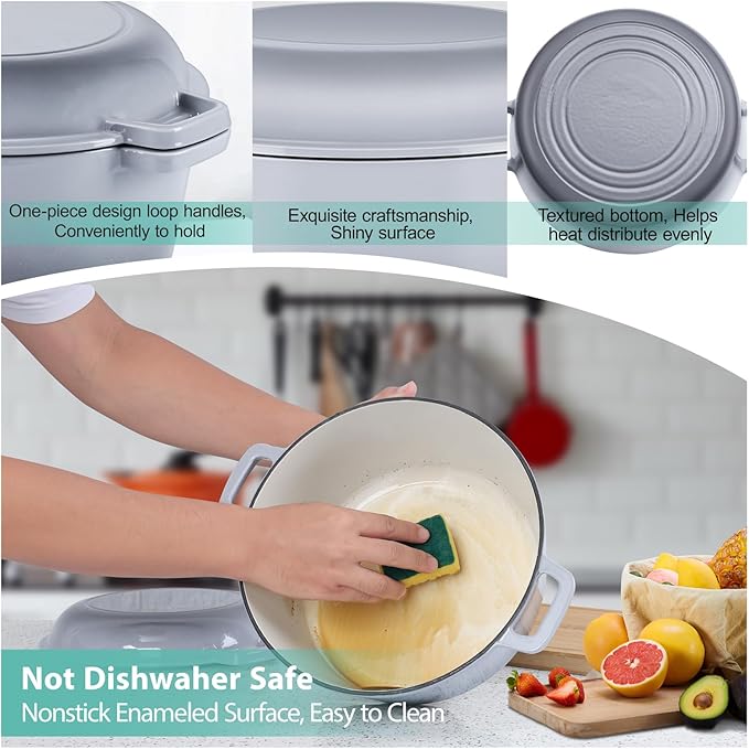 TeamFar 5 Quart Enameled Cast Iron Dutch Oven, 2-In-1 Dutch Oven Pot Cookware with Skillet Lid for Bread Baking Braising Stewing Roasting, Sturdy & Nonstick, Oven Safe & Fit for Induction (Grey) - Image 4