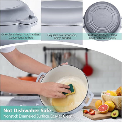 TeamFar 5 Quart Enameled Cast Iron Dutch Oven, 2-In-1 Dutch Oven Pot Cookware with Skillet Lid for Bread Baking Braising Stewing Roasting, Sturdy & Nonstick, Oven Safe & Fit for Induction (Grey) - Image 4