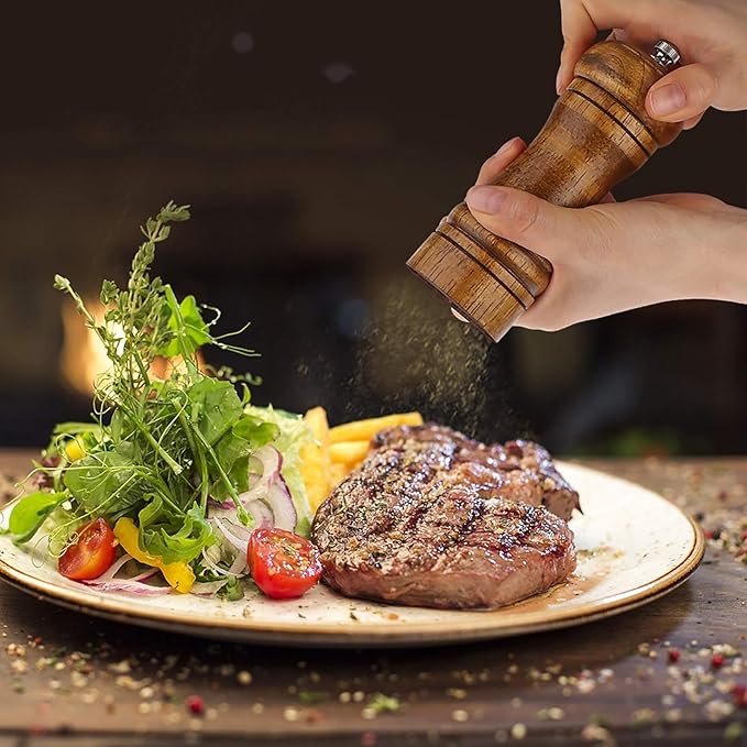Pepper Grinder - 8 inch Pepper Mill Oak Wooden Pepper Mill Grinder Refillable Grinder Pepper with Ceramic Grinding Mechanism Adjustable Coarse to Fine (1 Pack)