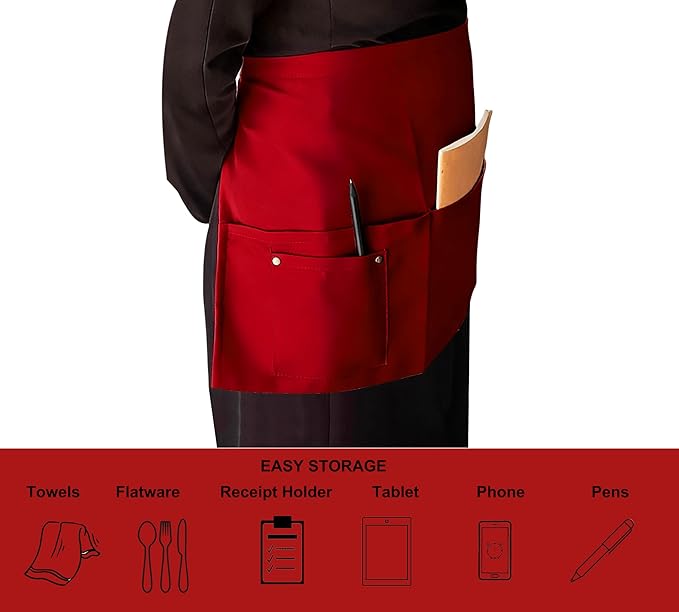 TiwerlfeServer Waist Aprons with 5 Pockets - 11.5 Inch Waterdrop & Oil Resistant Waitress Waiter Half Apron