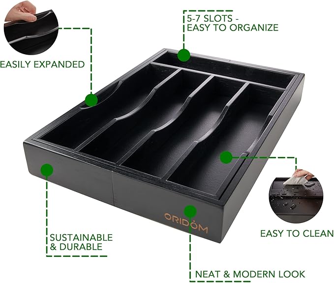 Expandable Bamboo Kitchen Drawer Organizer for Cutlery and Utensils, Adjustable Bamboo Wood Cutlery Tray in Drawer for Flatware and Silverware in Kitchen, (Black) - Image 4