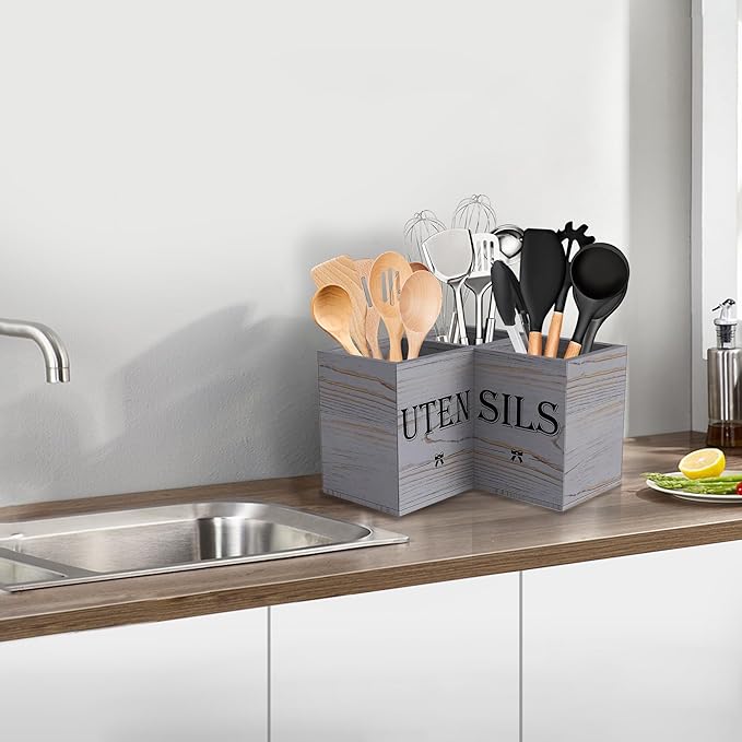 Suli Extra Large Kitchen Utensils Holder with 3 Compartments,Corner Shelf,Wooden Utensil Organizer for Kitchen Countertop, Farmhouse Decor, Rustic Cooking Utensil - Grey grain - Image 6