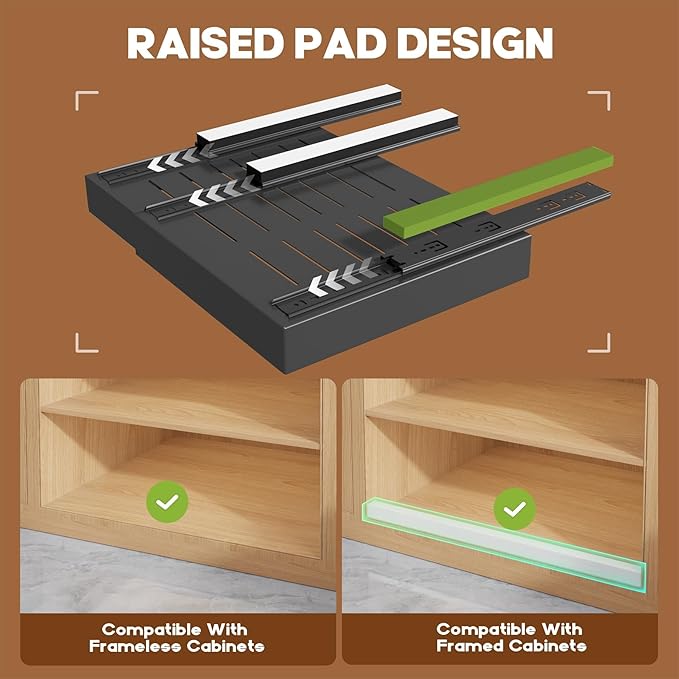 Seinloes 2 Pack Expandable (15.1"-26.3") Pull Out Cabinet Organizer 21" Deep With Raising Pad for Framed Cabinets,Upgrade 3 Slide Rails Slide Out Drawers,No Drill Roll Out Shelves Adhesive,Black - Image 2