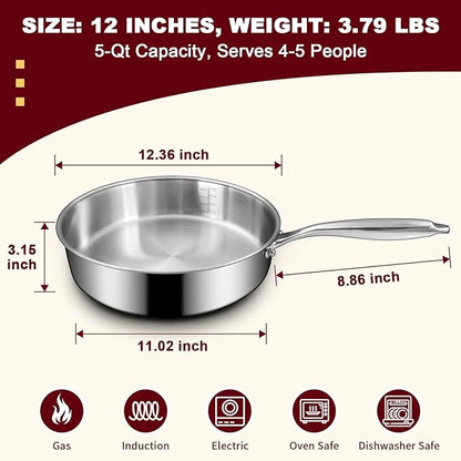 EWFEN 12 Inch Tri-Ply Stainless Steel Frying Pan, Compatible with All Cooktops Up to 600℉, Large Frying Pan Induction-Ready Skillet, Dishwasher and Oven Safe, Even Heat - Image 3