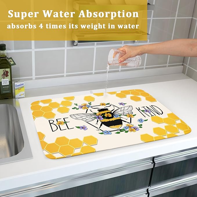 Giwawa Bee Kind Dish Drying Mat, Summer Bees Flowers Dish Drainer Mats for Kitchen Countertop, Yellow Honeycomb Absorbent Reversible Dish Drying Pad Decoration, 18x24inches, Large Size