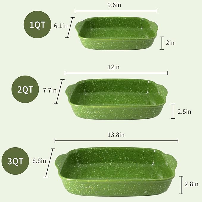 Ceramic Baking Dishes for Oven,Heavy Duty Bakeware Dish Set of 3, Rectangular Casserole,Lasagna Pan Deep,High Heat Resistant,Glazed Handcraft Speckle Series (13.8''/12''/9.6''Green) - Image 2