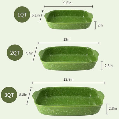 Ceramic Baking Dishes for Oven,Heavy Duty Bakeware Dish Set of 3, Rectangular Casserole,Lasagna Pan Deep,High Heat Resistant,Glazed Handcraft Speckle Series (13.8''/12''/9.6''Green) - Image 2