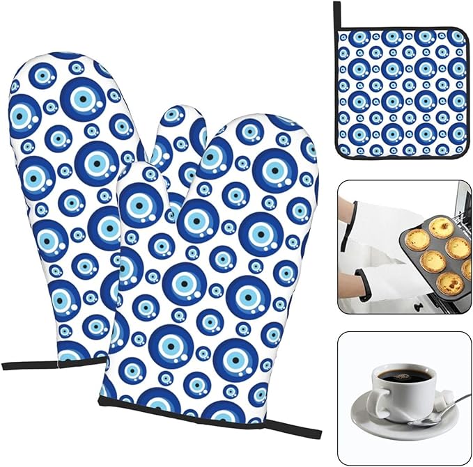 Blue Evil Eyes Oven Mitts and Pot Holders Sets of 3 Funny Hot Pads Heat Resistant Non Slip Washable for Cooking Grilling Baking BBQ Kitchen Decor - Image 3