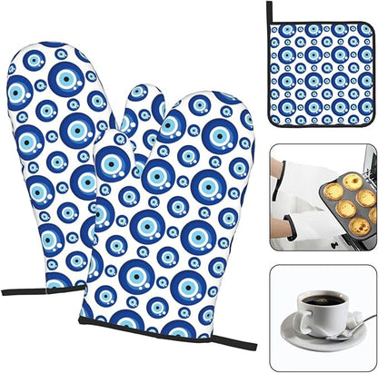 Blue Evil Eyes Oven Mitts and Pot Holders Sets of 3 Funny Hot Pads Heat Resistant Non Slip Washable for Cooking Grilling Baking BBQ Kitchen Decor - Image 3