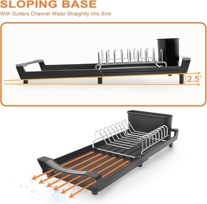 Dish Drying Rack Compact Expandable - A Space-Saving, Stainless Steel, Rust-Resistant Dish Drainer for Kitchen and Apartment Countertops/Sink Cabinets, Extendable from 11.42 to 19.9 inches(Black) - Image 5