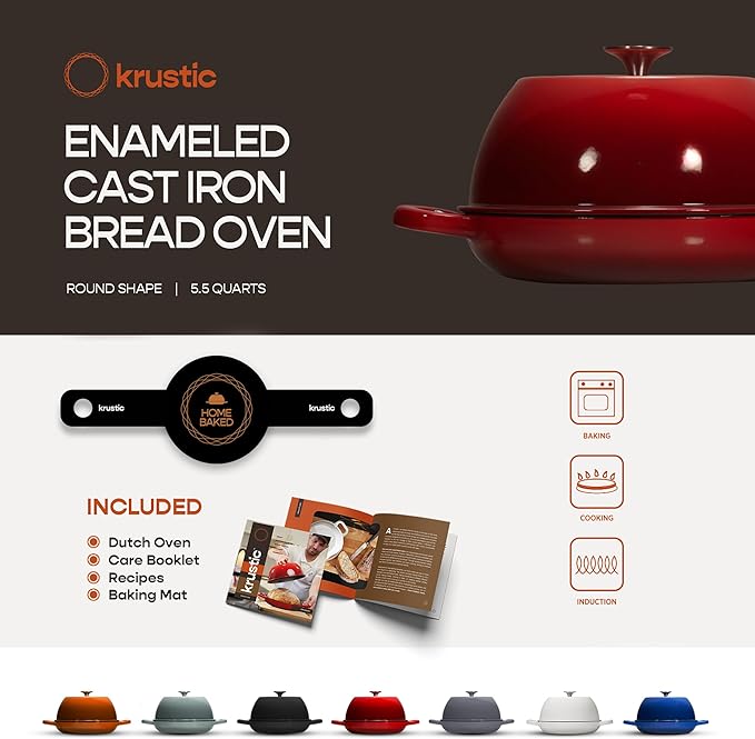 Krustic Enameled Cast Iron Dutch Oven for Sourdough Bread Baking | 6 Quart Pot with Lid | 10 Inch Ceramic Enamel Thick Coated Cookware Set with Non Stick Silicone Baking Mat for Cooking | 6 Qt | Red