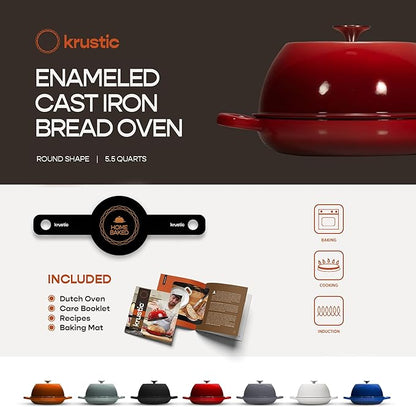 Krustic Enameled Cast Iron Dutch Oven for Sourdough Bread Baking | 6 Quart Pot with Lid | 10 Inch Ceramic Enamel Thick Coated Cookware Set with Non Stick Silicone Baking Mat for Cooking | 6 Qt | Red