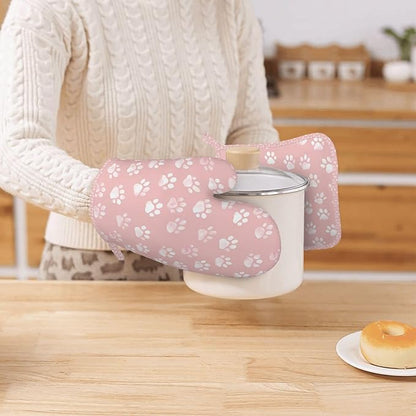 Oven Mitts and Pot Holders Pastel Pink Dog Paw Pattern Silicone Kitchen Accessories Set of 4 Heat Resistant Long Gloves Potholder Non-Slip Grip for Chef Baking Cooking Grilling BBQ