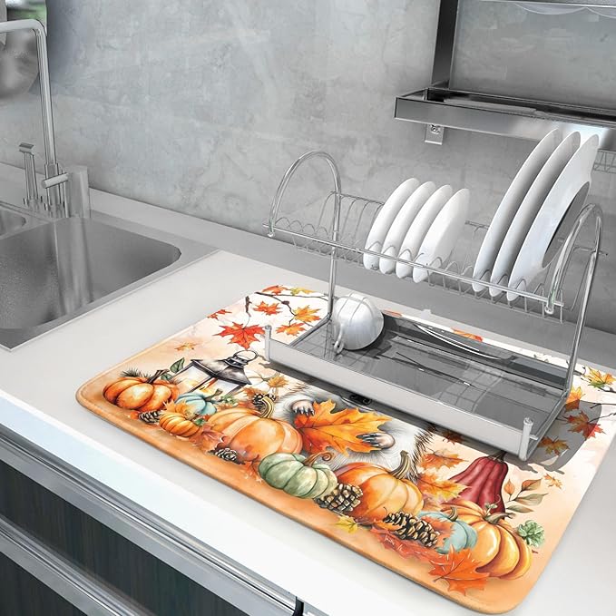 Happy Fall Dish Drying Mat - Large Absorbent Microfiber Drying Pad for Kitchen Counter 18 X 24 in Yellow - Image 5