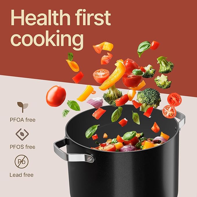 Bakken 12.5 Quart Ceramic Coated Stock Pot with Lid, Easy Clean Nonstick Pot, Tempered Glass Lid, Riveted Stainless Steel Handles, Oven Safe Up To 500°F, PTFE & PFAS Free, All Stove Compatible, Black - Image 6
