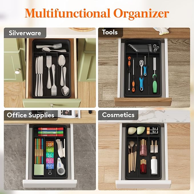 Lifewit Silverware Drawer Organizer Tray, Plastic Cutlery Storage for Kitchen, Flatware and Utensil Holder Divider for Spoons Forks Knives Tableware, 7.8 x 12.4", 4 Slots, Black - Image 7