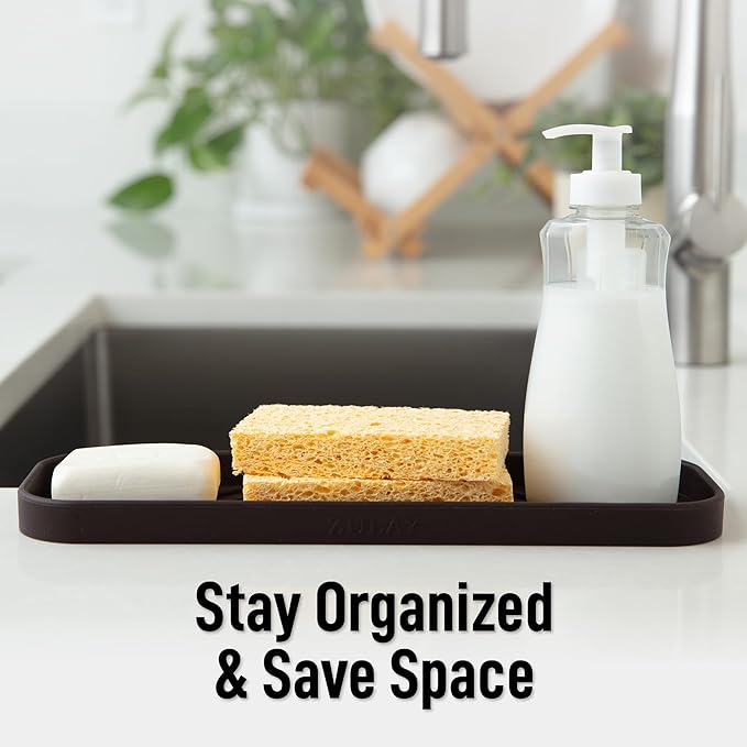 Zulay Kitchen Large Silicone Sponge Holder (12x4) – Flexible Sink Organizer Tray for Kitchen & Bathroom – Multipurpose Soap Dish for Sponges, Makeup, Trinkets & More (Chocolate) - Image 6