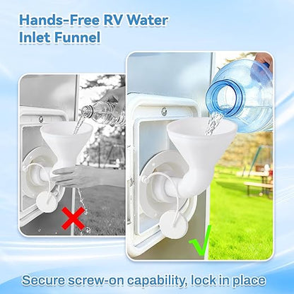 RV Water Inlet Funnel, 3.54-in Wide Mouth Gravity Fresh Water Tank Fill Funnel for Water Inlet Hatch, Travel Trailer Essentials Accessories Supplies, Screw-On Hands-Free Design