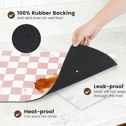17" x 32" Checkered Dish Drying Mat for Kitchen Counter, Absorbent Coffee Bar Mat for Espresso Machine Coffee Countertops Accessories, Pink - Image 4