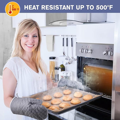 6 Pcs Oven Mitts and Pot Holders, 500℉ Heat Resistant Oven Mitts with Kitchen Towels Soft Cotton Lining and Non-Slip Silicone Surface Safe for Baking, Cooking, BBQ (Grey) - Image 2