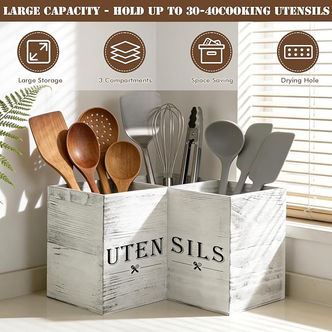 Extra Large Utensil Holder with 3 Compartments, Durable Wooden Utensil Organizer for Kitchen Countertop, Spatula and Spoon Holder Farmhouse Decor (White Grain) - Image 3