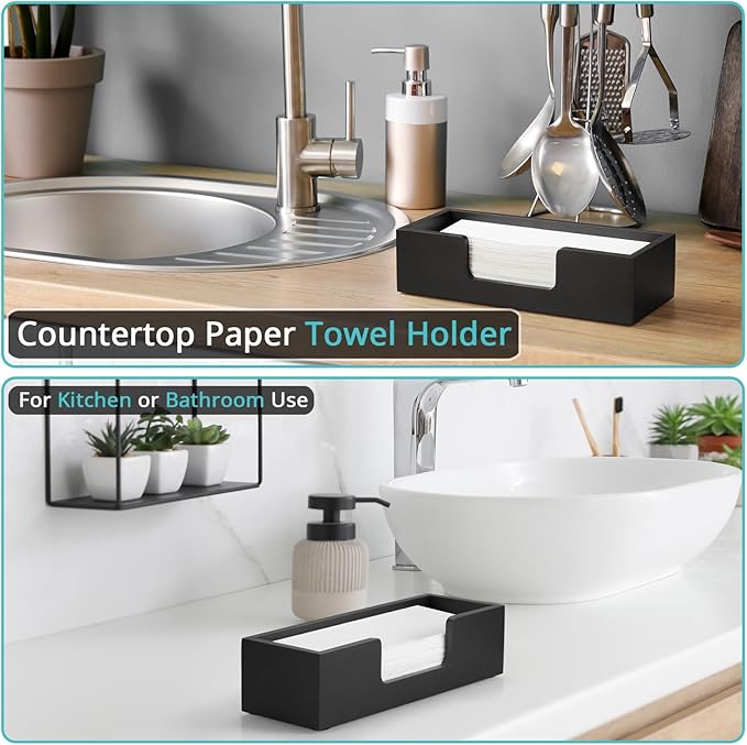 Paper Towel Dispenser Countertop, Wood Bathroom Paper Towel Holder, Black Napkin Holder for Kitchen, Countertop Multifold C-Fold, Z-Fold, Trifold Paper Hand Towel Dispenser for Toilet, Black - Image 3